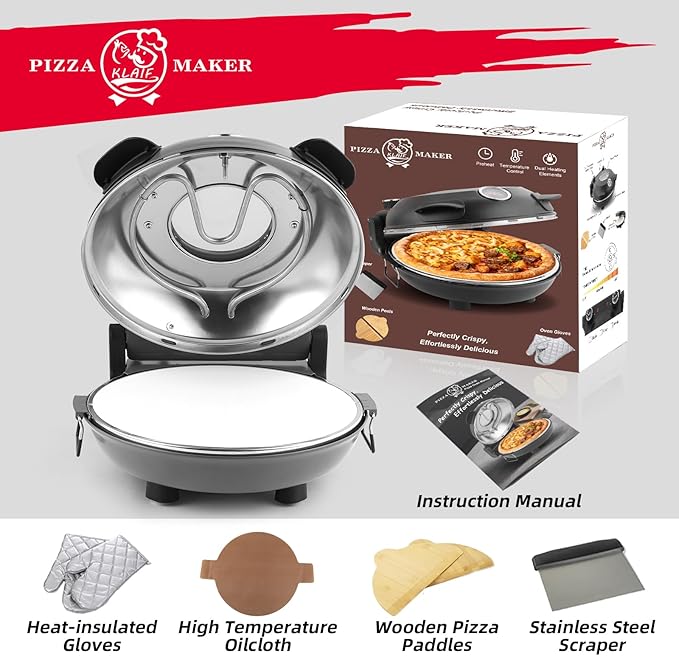 KLAIF 12" Electric Countertop Pizza Oven Indoor With Ceramic Stone, Dual Adjustable Temperature Controls, Includes 4 Pizza Tools, LMR-Gray