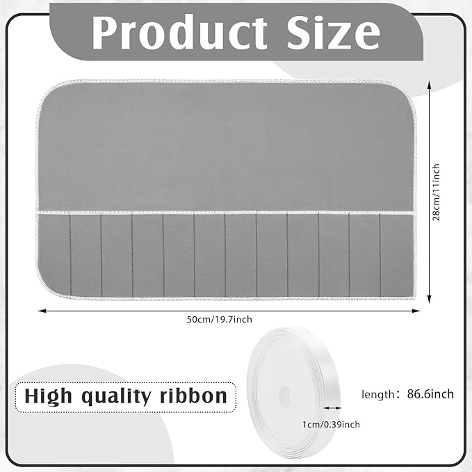 Hillban 12 Pcs Anti Tarnish Silver Storage Bags Silver Storage Cloth Felt Flatware Organizer Anti Tarnish Protector Bags Place Setting Roll with White Ribbon for Kitchen Cutlery (12 Slots,Grey)