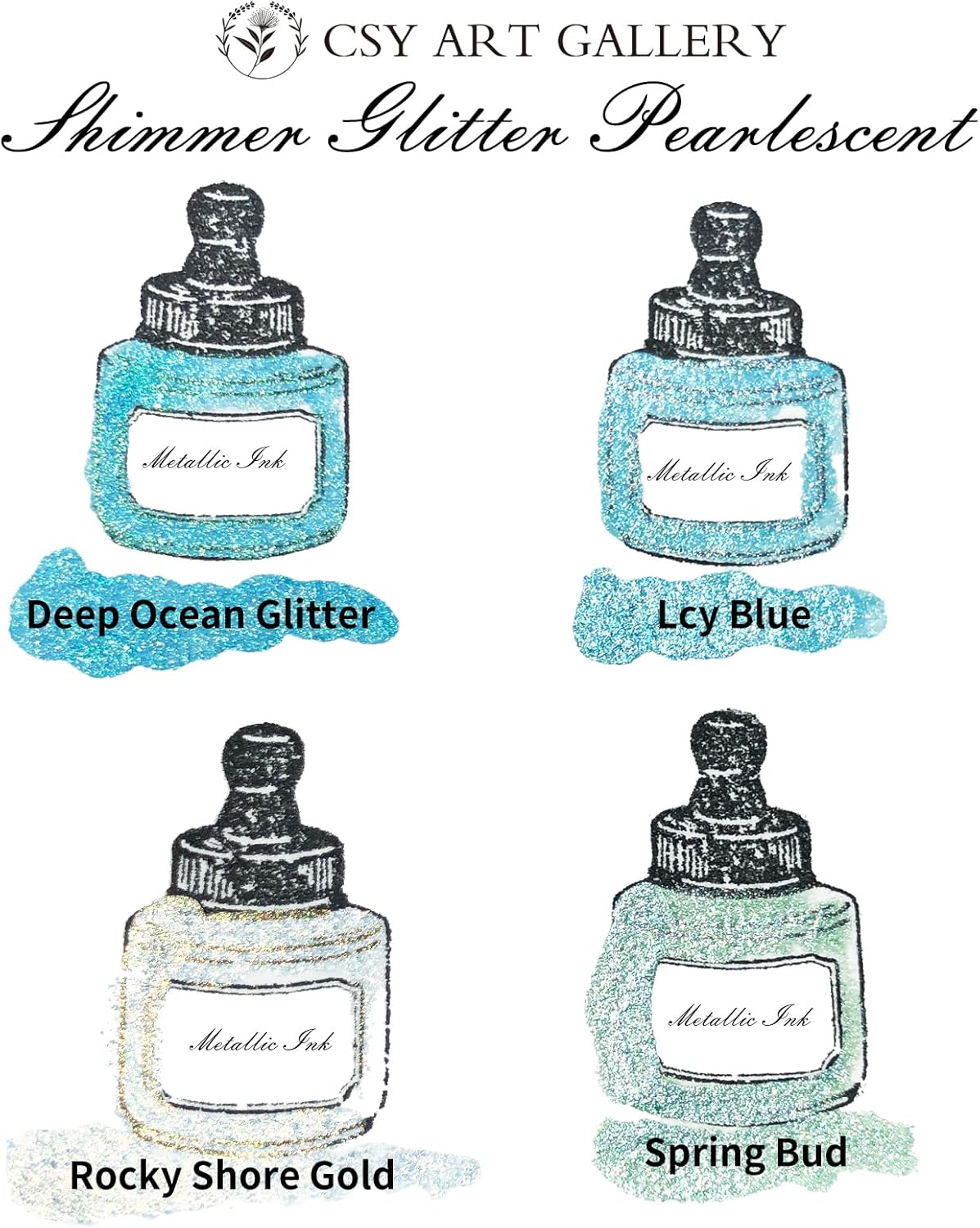 CSY art gallery Metallic Acrylic Ink-Craft Paint-Calligraphy Inks,Glitter-Pearlescent -ICY Blue Drawing Ink Liquid Gold Leaf Paints with Dropper, 1oz - 29.5 ml (Ice Lake Mountains Set)