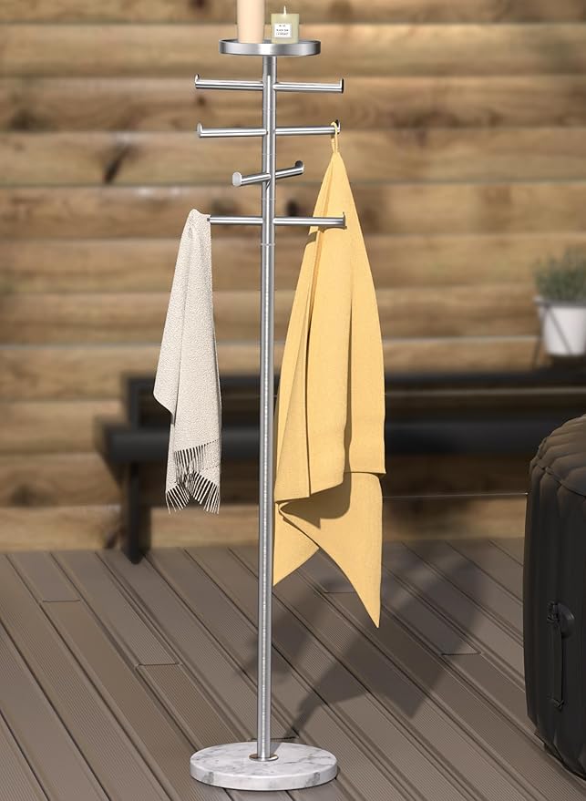 KES Hot Tub Towel Rack Outdoor with Natural Marble Extra Weight Base, 8 Arms 360° Adjustable 59in Outdoor Towel Rack for Pool with Storage Tray, 18/8 Stainless Steel, Brushed Finish, OTR204-2