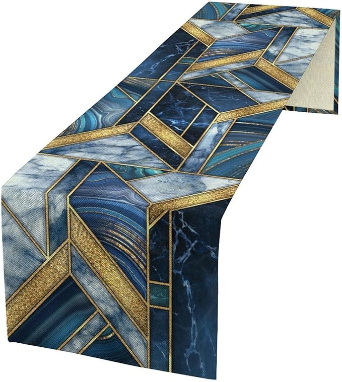 Marble Texture Table Runner, Dark Blue Gold Modern Mosaic Design Table Runner Decoration for Kitchen Family Dinner Table Holiday Party Farmhouse 13x70in