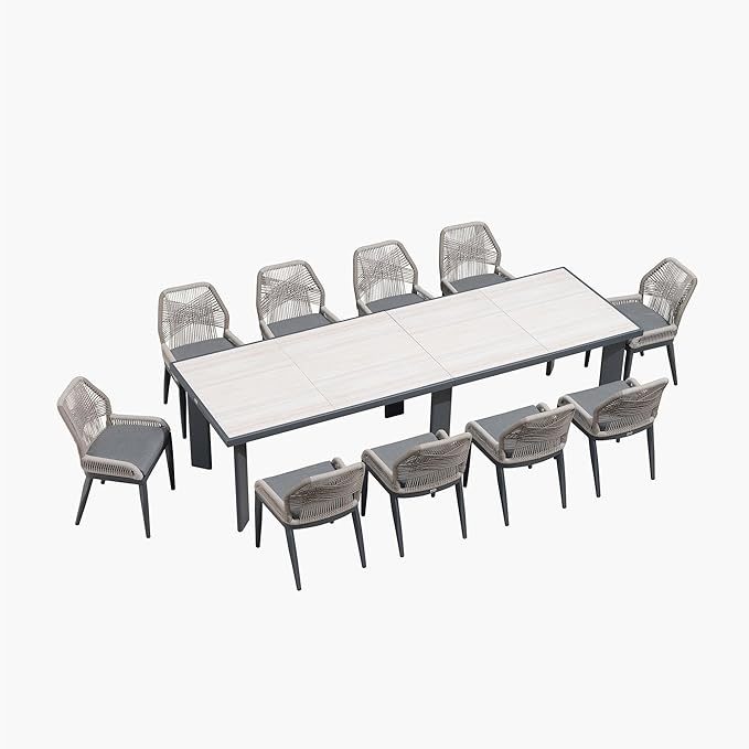 PURPLE LEAF 11 Pieces Patio Dining Set Aluminum Oversize Rectangular Table and Wicker Chairs with Cushions for Kitchen Porch Garden Modern Outdoor Furniture Sets, Beige and Dark Grey