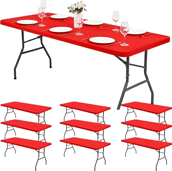10 Pack Stretch Fabric Table Top Cap Cover, Red Table Covers fits 8Ft Tables, Washable Elastic Universal Rectangle Tablecloth Protector for Indoor Outdoor Party Picnic Wedding (30" W x 96" L)