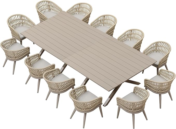 PURPLE LEAF 14 Pieces Outdoor Dining Set All-Weather PE Rattan Outdoor Patio Furniture Set with All Aluminum Frame Rectangular Table and Chairs Set for Lawn Garden Backyard Deck, Champagne