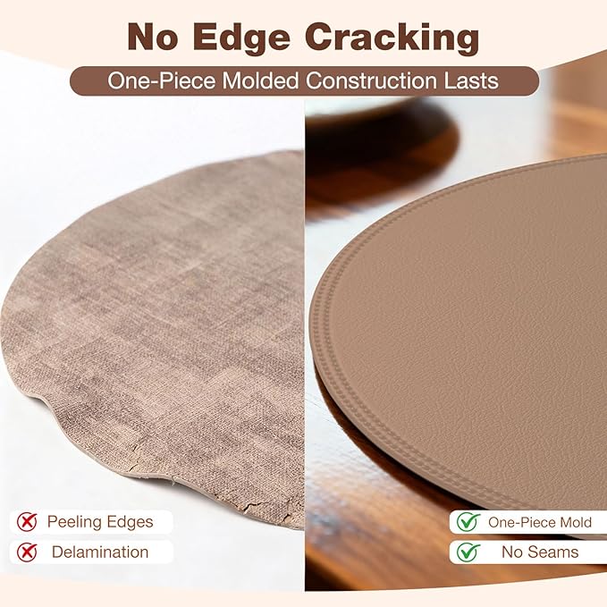Round Vinyl Pink Placemats Set of 6, Faux Leather Waterproof Wipeable Heat Resistant Place Mats, Washable Table Mats for Halloween, Thanksgiving & Christmas Dinner(Pink)