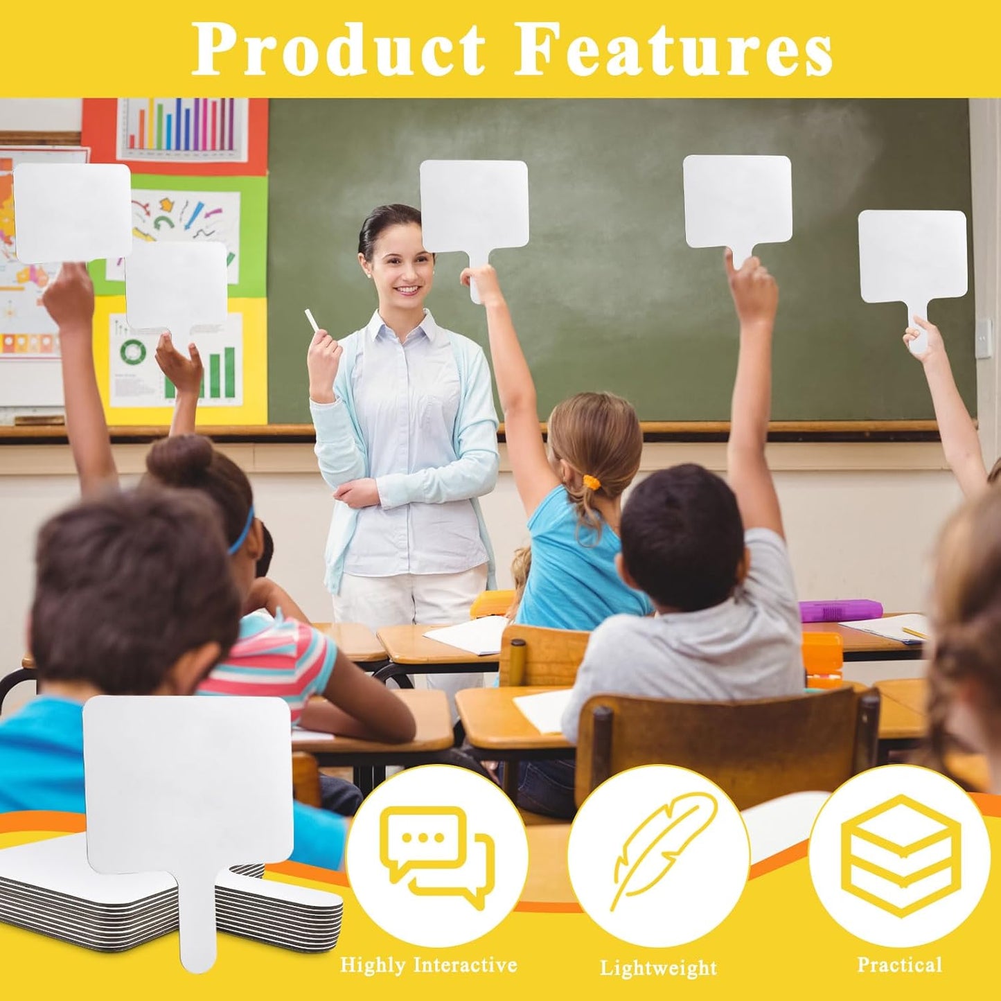 10 Pcs Dry Erase Answer Paddle, 10 x 8 Inch Auction Paddles with Markers and Erasers, Handheld White Board with Handle for Teaching Meeting Bidding Voting Games (Double Sided)