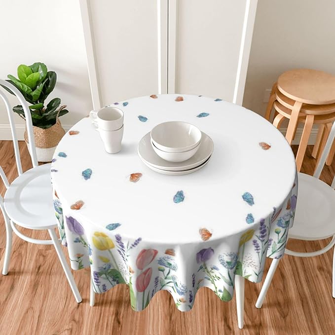 Spring Floral Round Tablecloth 70 Inch, Tulip Lavender Flower Decorative Tablecloths Stain Resistance Polyester Beautiful Flower Table Cloth for Holiday Parties Kitchen Dining Indoor Outdoor