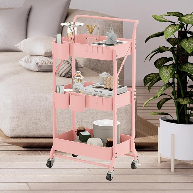 3-Tier Folding Rolling Utility Cart with Wheels, Metal Foldable Storage Cart Organizer with 3 Hanging Cups & 6 Hooks for Kitchen, Office, Living Room, Nursery(Pink)