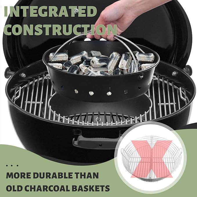 Charcoal Ash Basket Airflow for MiniMax Small,Medium Big Size Green Egg Weber Kettle Carbon Steel Fire Bowl with Handles Kamado Joe Jr,Grill Rust Resistant Enamel Coated Ash Cleanup Basket