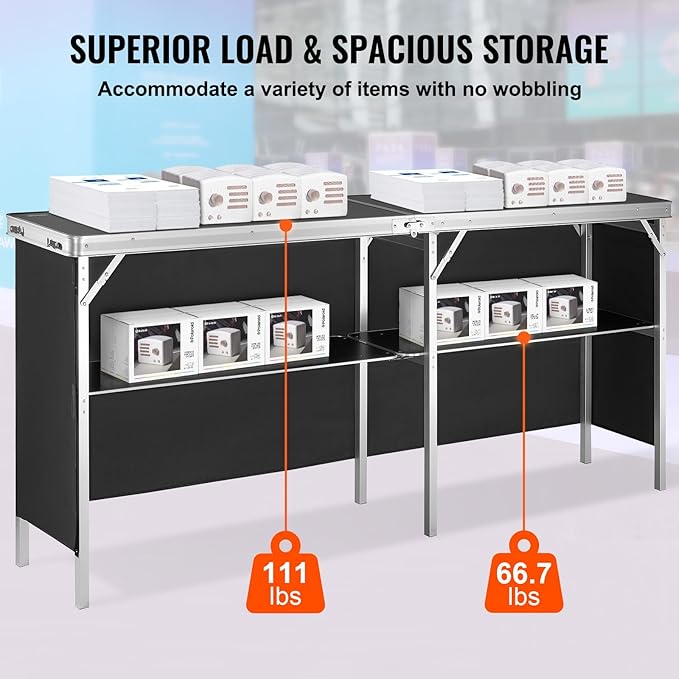 VEVOR Extra Long Folding Portable Bar Tradeshow Podium Table for Indoor, Outdoor, Party, Picnic, Exhibition, Includes Carrying Case, Storage Shelf and Black Skirt, 77.95" x 15.16" x 34.65"