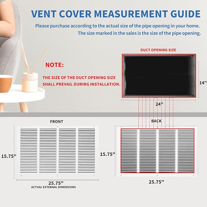 24x14 Return Air Grille (Duct Opening Size), Air Return Vent Cover, AC Vent Cover, Cold Air Return Vent Cover, Flat Return Air Grilles, Outer Dimensions:25.75"W x 15.75"H (24"W x 14"H, Duct Opening)