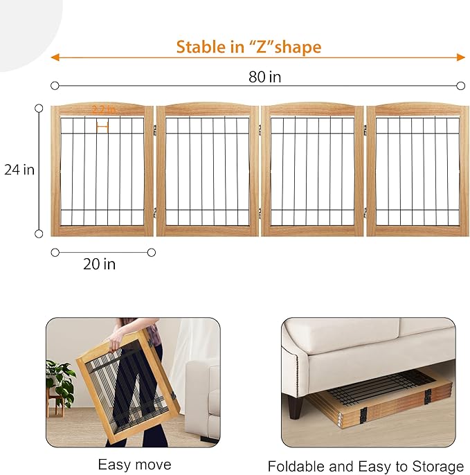 LZRS 4-Panel Extra-Wide Wooden Freestanding Dog Gate: Foldable Solid Wood and Steel Wire Chew Resistant Safety Barrier for Doorways, Stairs, and Large Open Spaces Indoor Use, Natural