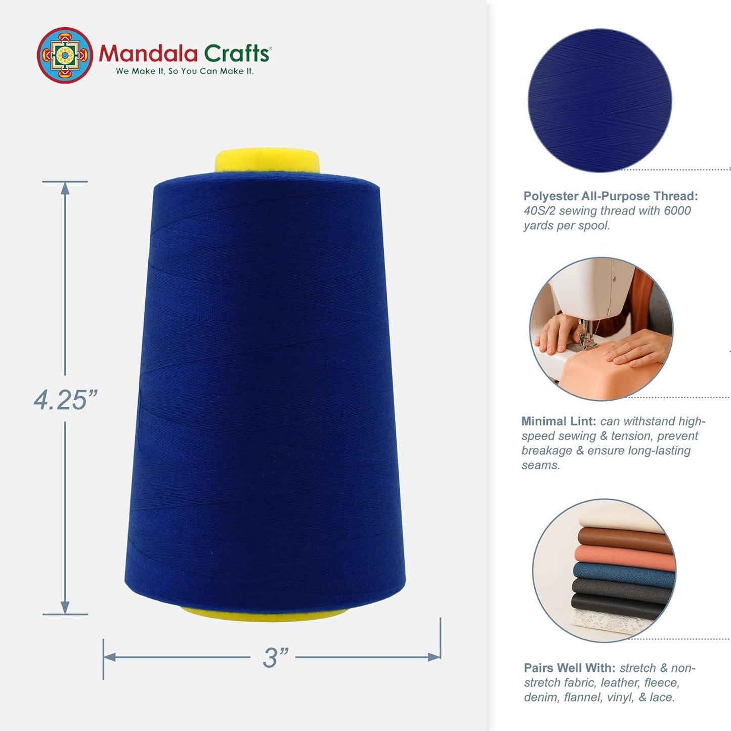 Mandala Crafts 4 Pack of Serger Threads Cones Spools - 40S/2 24000 Yards Polyester Midnight Blue Threads for Sergers Machine and Overlock Quilting Sewing Machine