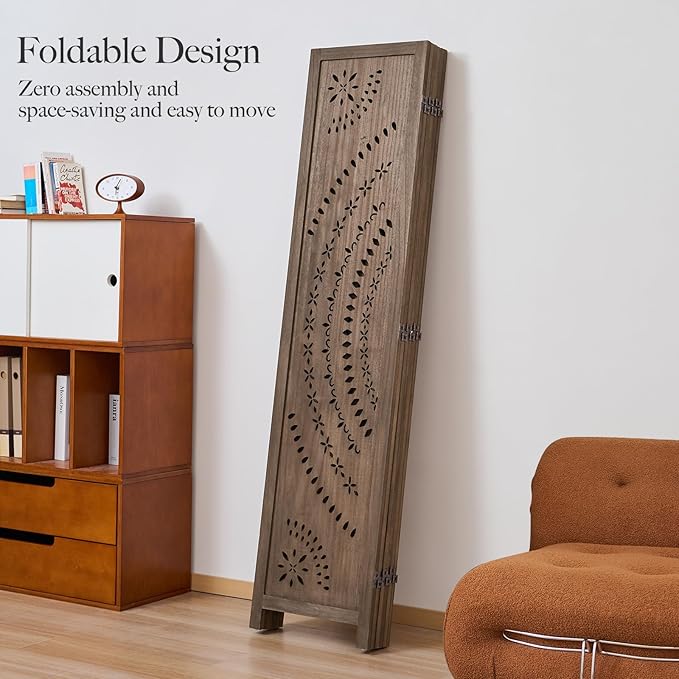 66.9Inch Folding Room Divider, 6 Panels Wood Carved Privacy Screens Free Assembled Freestanding Partition for Bedroom Home Office (Brown)