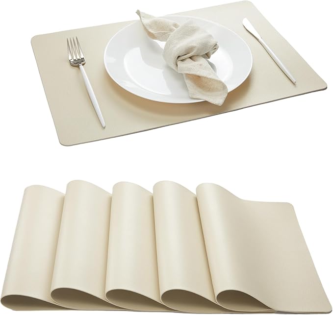 DOLOPL Placemats Set of 6, Wipeable Faux Leather Heat Resistant Mats for for Kitchen Dining Room Table Decorations, Modern Anti Slip Dining Table Place Mats for Indoor & Outdoor Use(Beige)