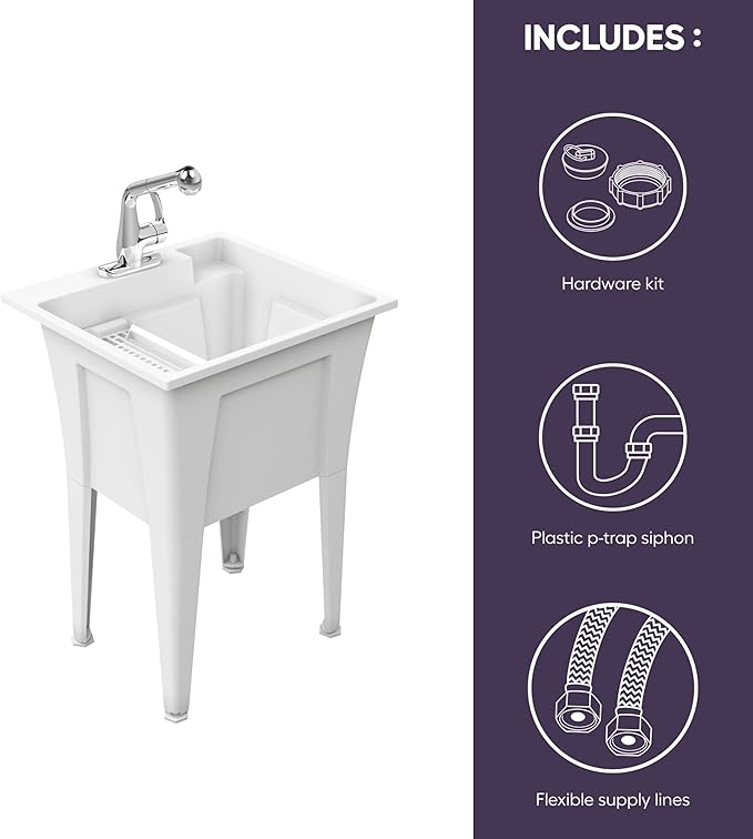 Freestanding Utility Sink with One Handle Chrome Faucet - 24" Plastic Utility Sink for Garage, Laundry, Indoor and Oudoor Use - Laundry Tub Kit by Noah William Home - White (19.5 gal)