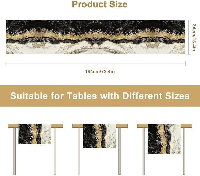 Marble Table Runner, Ink Golden Marble Texture Table Runner for Kitchen Wedding Farmhouse Indoor Outdoor Home Party 13x36in