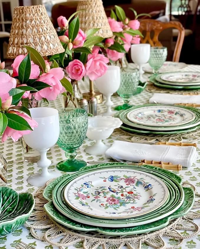 CPC Tablecloth 100% Cotton 60x90 Inch Indian Block Print Rectangle Table Cover, Washable Table Cloth for Weddings, Spring/Summer, Barbeque - Emerald Green