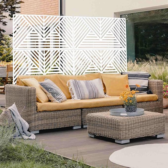 Outdoor Privacy Screen with Geometric Design – Metal Decorative Panel, Freestanding Partition, Weather-Resistant, 76"x48" for Garden, Patio, Balcony, and Yard, White