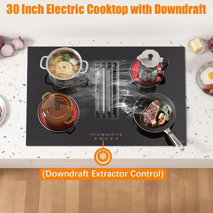 Noxton 30”Electric Cooktop with Downdraft Vent, 4 Burner Radiant Stove Top, 6000W, 240V Hardwired, 9 Heat Settings, 99-Min Timer, Pause & Child Lock(No Exhaust Pipe Required)