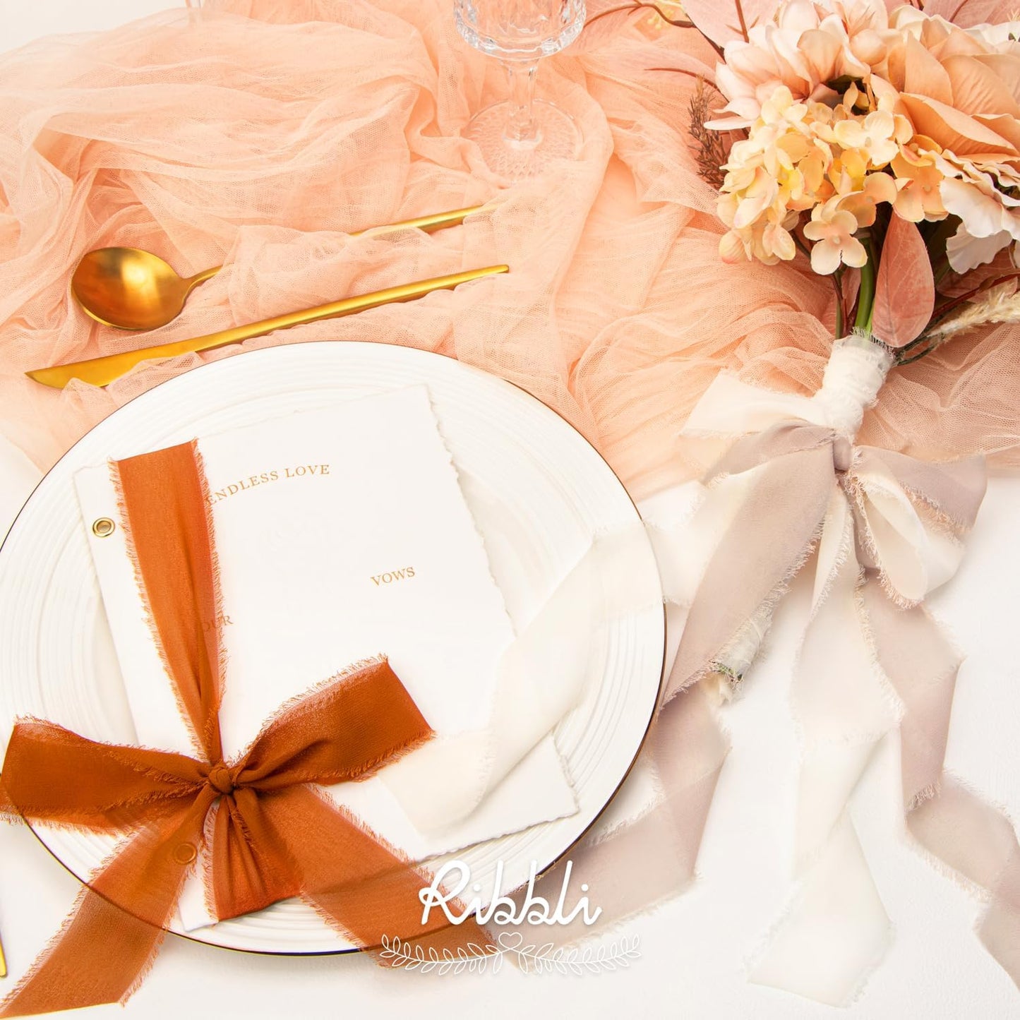 Ribbli Fall Chiffon Ribbon 1.5 inch x 30 Yard Handmade Silk, Cream/Beige/Terracotta Fringe Chiffon Ribbon for Wedding Invitations, Bridal Bouquets Wrapping, Flower Arrangement Decoration