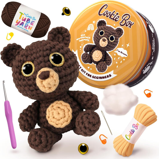 Cookie Box Crochet Kit for Beginners – Gift Set to Make Bear Bruno Amigurumi Plushie – Easy DIY Crochet & Knitting Starter Kit with Video and PDF Tutorials