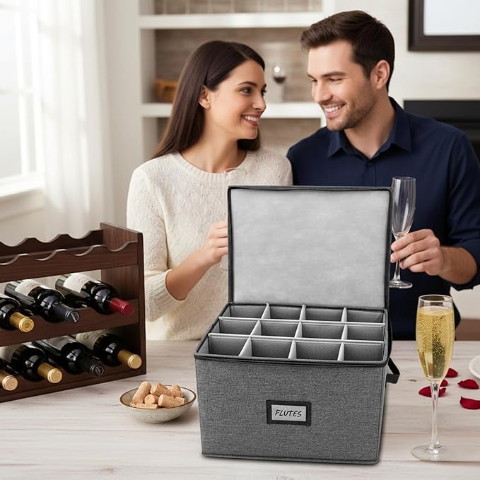 HOMELUX THEORY Champagne Flute Storage Box, Ivory Hard Shell China Storage Containers, Kitchen Storage Bins With Lids, Heavy Duty Moving Box for Glasses & Stemware, Glassware & Wine Glass