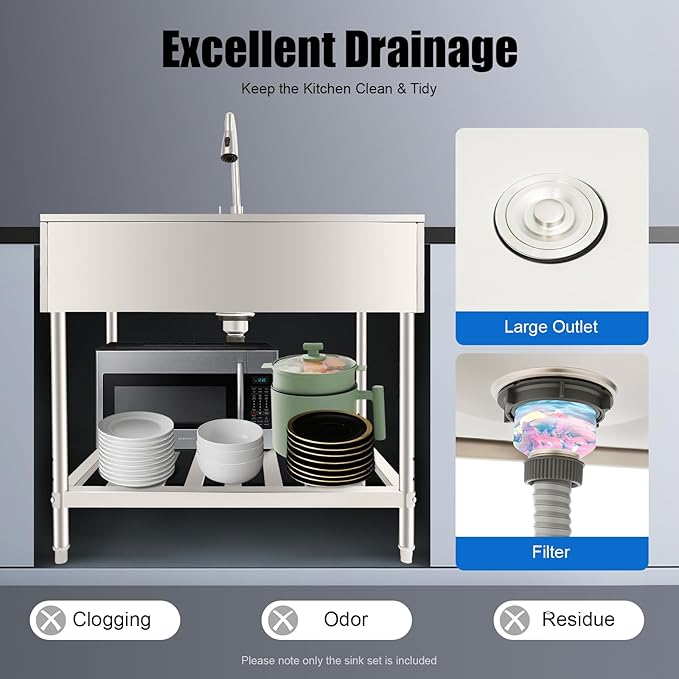 Stainless Steel Laundry Sink with Large Wash Stand, Free Standing Single Bowl Kitchen Sink with Pull Faucet, Utility Sink for Laundry Room Bathroom Farmhouse (36x22x34in)