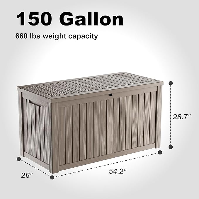 DRATO 150 Gallon Outdoor Storage Box, Large Waterproof Deck Box, Lockable Resin Storage Container with Reinforced Support for Patio Cushions, Garden Tools, UV-Resistant Outdoor Chest（Gray，150 Gallon）