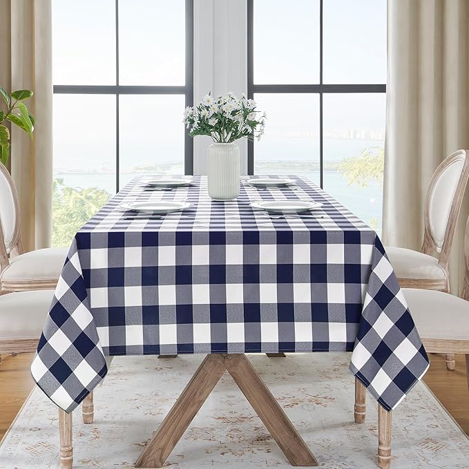 Softalker Gingham Checkered Tablecloth Square - Outdoor Waterproof Buffalo Plaid Table Cloth, Stain Resistant Washable Table Cover for Picnic, Camping, Dining - Navy Blue and White, 54 x 54 Inch
