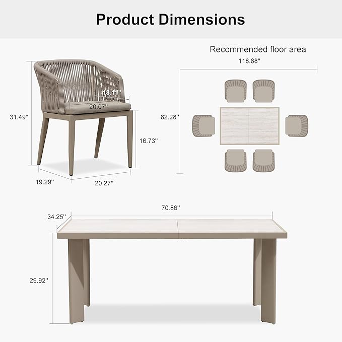 PURPLE LEAF 7 Pieces Outdoor Dining Set Patio Table and Chairs Set Aluminum Wicker Rattan Patio Furniture Set for Lawn Garden Porch Champagne