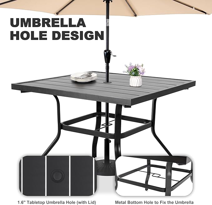 NUU GARDEN 37" Outdoor Patio Table, 4 Person Steel Slat Square Dining Table with 1.57" Umbrella Hole, Slatted Top and Powder Coated Iron Frame for Patio, Garden and Balcony, Black