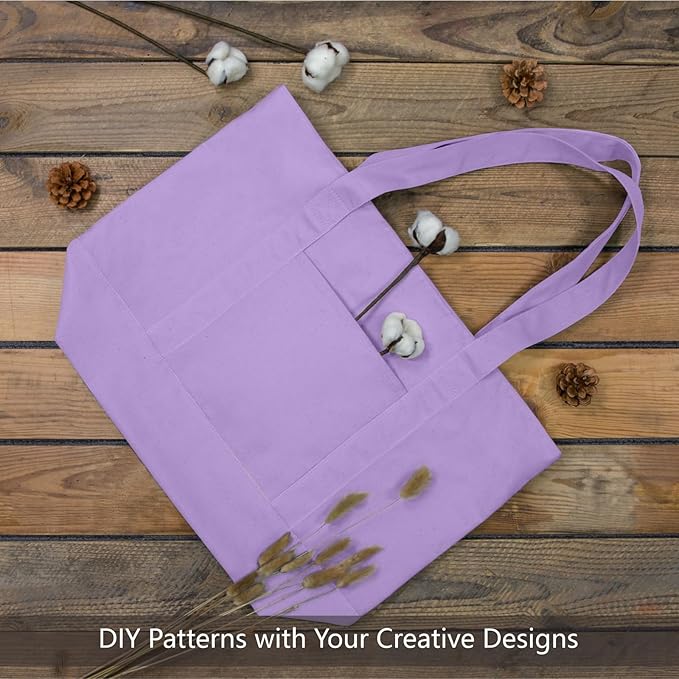 TOPDesign 6-Pack Canvas Tote Bags with an External Pocket, Reusable Grocery Shopping Bags, Top Zipper Closure, Daily Essentials (Lavender)