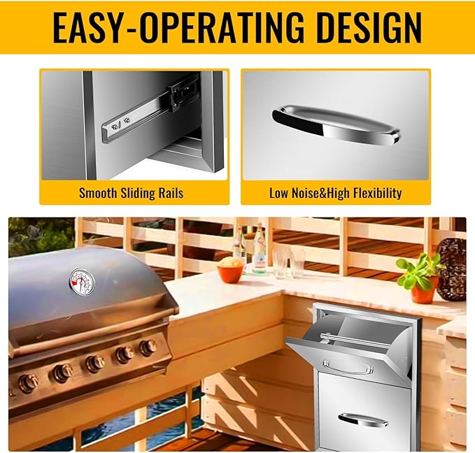 Outdoor Kitchen Drawers, Flush Mount Triple Access BBQ Drawers With Stainless Steel Handle, BBQ Island For BBQ Island Patio Grill Station,Double Drawers
