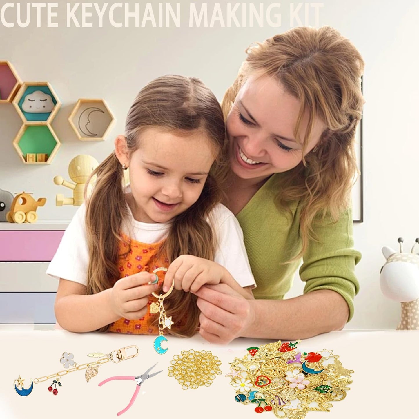 MORWLAT 358 PCS Gold DIY Keychain Making Kit Cute Bag Charm Kit 110 Charms 28 Keychain Clips with Key Ring Swivel Snap Hook Lobster Claw Clasps 200 Jump Ring Jewelry Plier DIY Set Women Craft (110)