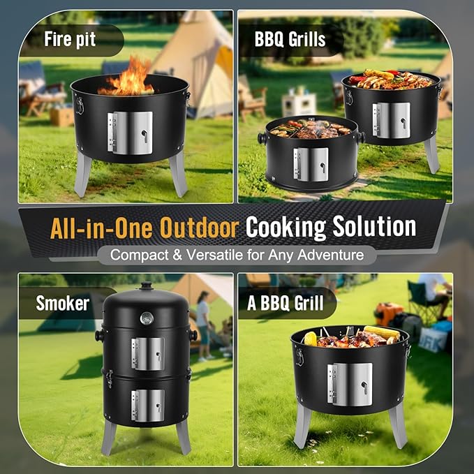 BBQ Charcoal Smoker for Meat: 16 Inch Heavy Duty 4 In 1 BBQ Charcoal Grills - Vertical Barbecue Smokers Grill Combo for Outdoor Cooking Patio Backyard Picnic Party Grilling