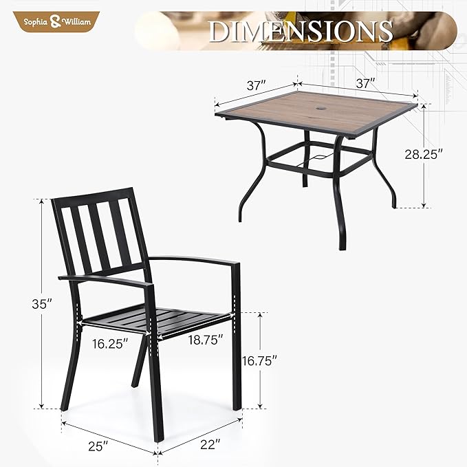 Sophia & William Patio Table and Chairs Set, Outdoor Dining Set for 4, 5 Piece Metal Patio Furniture, 37" Square Table with Wood-Like Tabletop(Stripe)