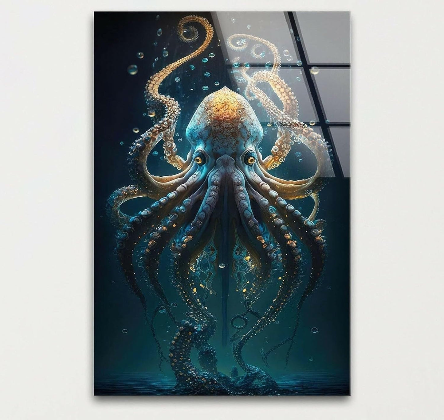 My Photostation.com 14Wx20H'' Underwater Blue Octopus Glass Wall Art Tempered Glass Printing Wall Decor Large Wall Art Wall Hangings