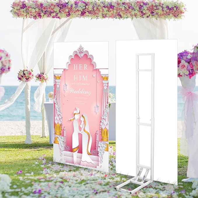 White Wedding Backdrop Stand Metal Balloon Arch Backdrop Stand with Foldable Base for Wedding Birthday Party Anniversary Decor, Adjustable Height(1-2m H) Installation Free(1 Pack)
