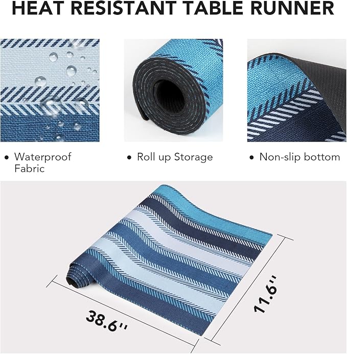 Trivet Table Runner Hot Plates Mat 12 X 40 Inch Heat Resistant Table Protector Waterproof Decorative Farmhouse Kitchen Trivets Counter Heat Proof Placemats for Hot Dishes (Blue Stripe)