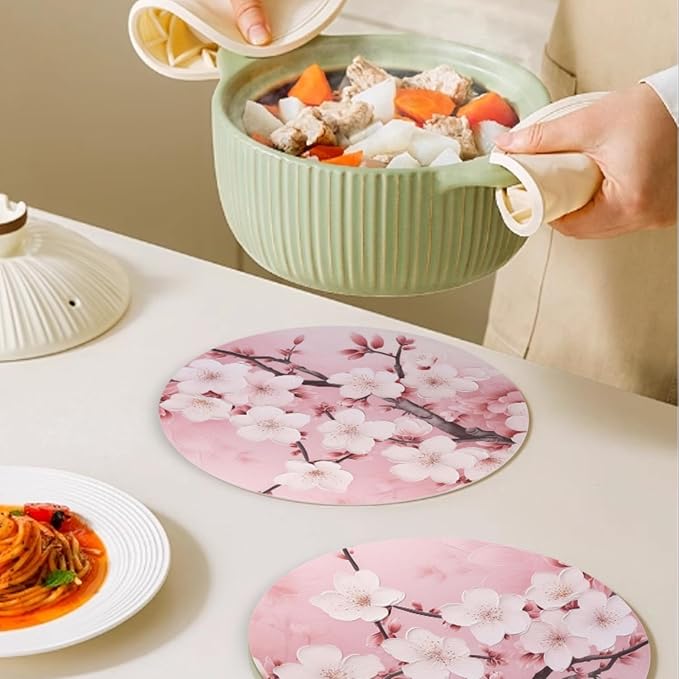 Round PU Leather Placemats Set of 4,Pink Cherry Blossoms Flowers Ding Round Table Placemat Easy to Clean Heat-Resistant Waterproof Non-Slip Place Mats for Party Coffee Bar,13inch