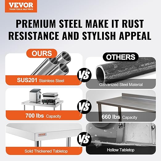 VEVOR Stainless Steel Work Table 30 x 12 x 34 Inch, 700 LBS Load Capacity with 4 Wheels, 3 Adjustable Height Levels, Heavy Duty Food Prep Worktable for Commercial Kitchen Restaurant, Silver