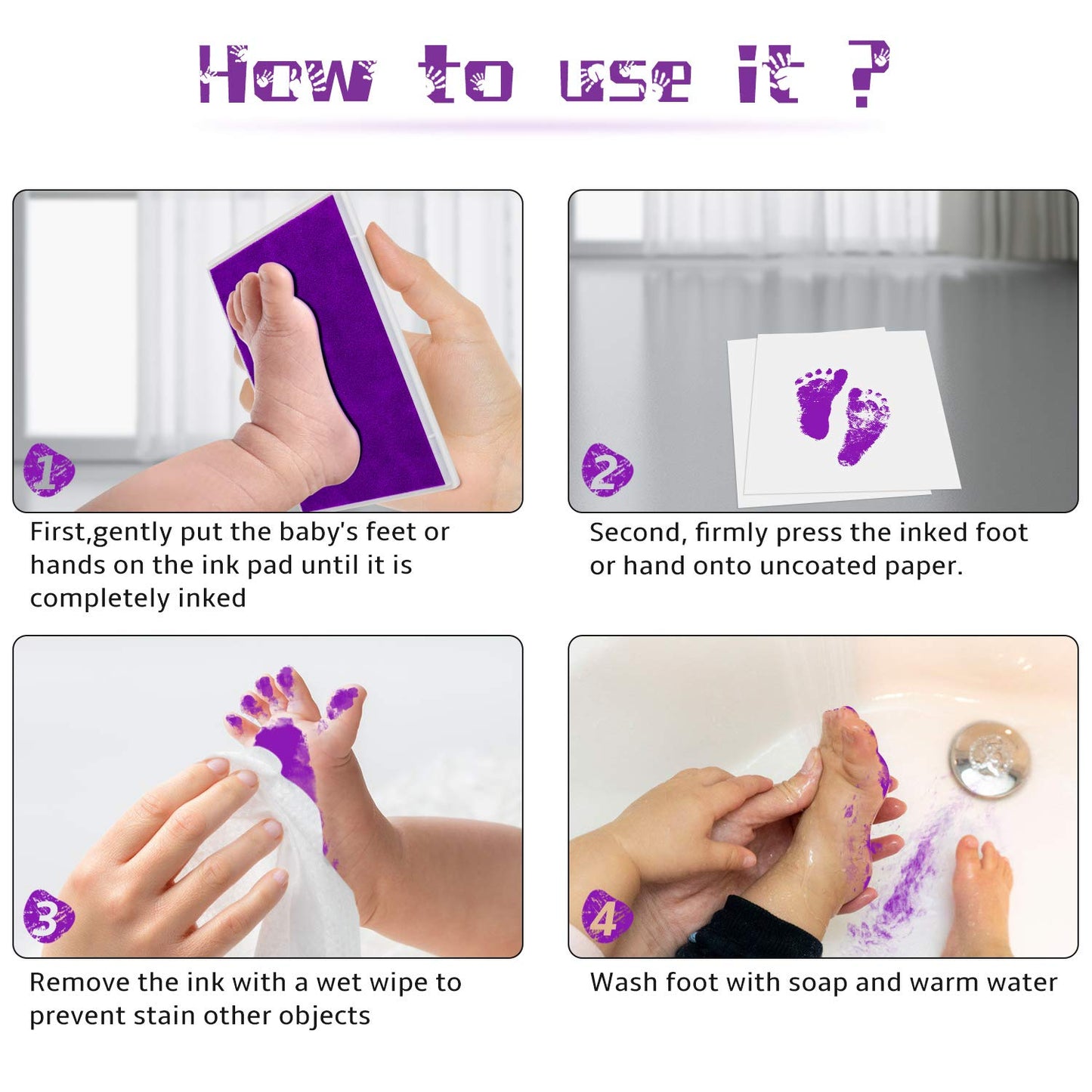 Ink Pad, 5x4'' Washable Non-Toxic Ink Stamp Pad for Baby Footprint Handprint, Purple