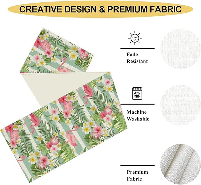 Tropical Flamingo Table Runner,Green White Stripes Palm Leaves Floral Hawaii Seasonal Holiday Celebration Kitchen Dining Table Decoration for Home Party Decor, 13"x90"