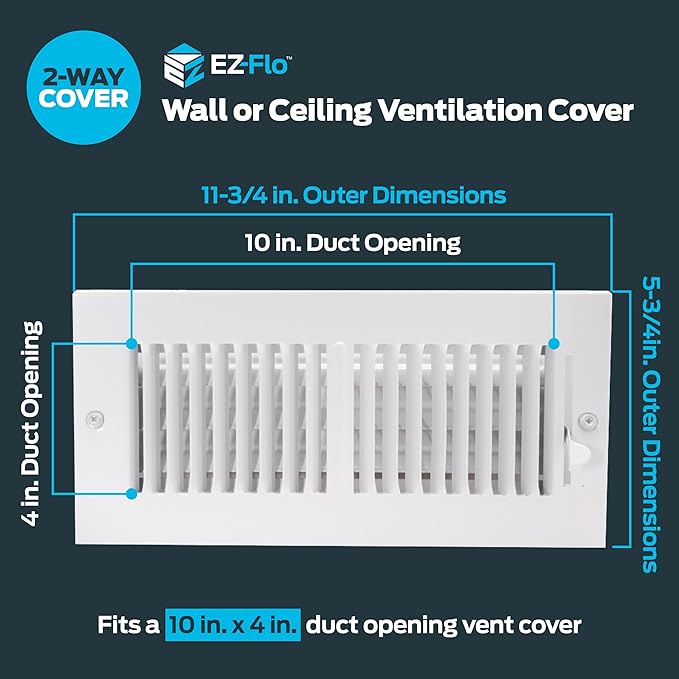 EZ-FLO 10 x 4 Inch (Duct Opening) Air Vent Cover for Wall or Ceiling, Two-Way Ventilation Register, Solid Steel HVAC Register Cover, White, 61609