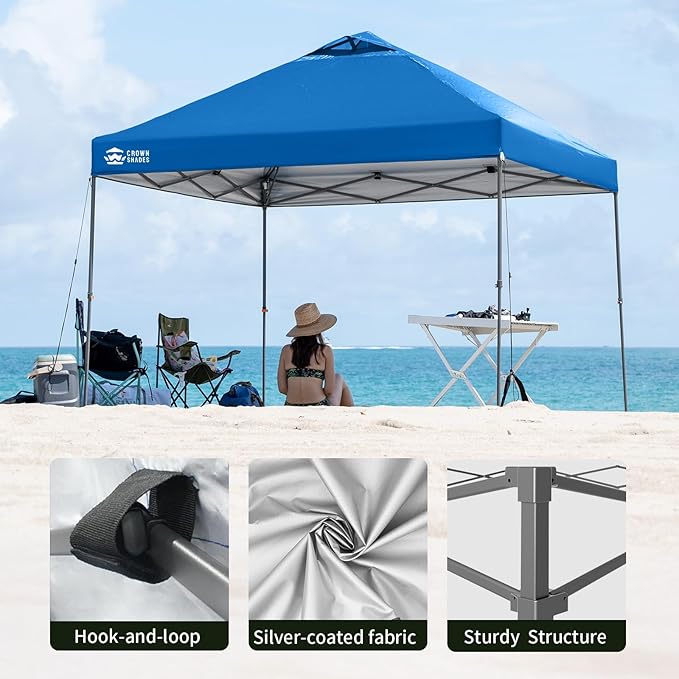 CROWN SHADES Adjustable Height on The Fly, 10x10 Pop Up Canopy - Beach Tent with One Push Setup - Easy Outdoor Sun Shade for Events, Parties, Camping - Outside Shade with STO-N-Go Bag, Blue
