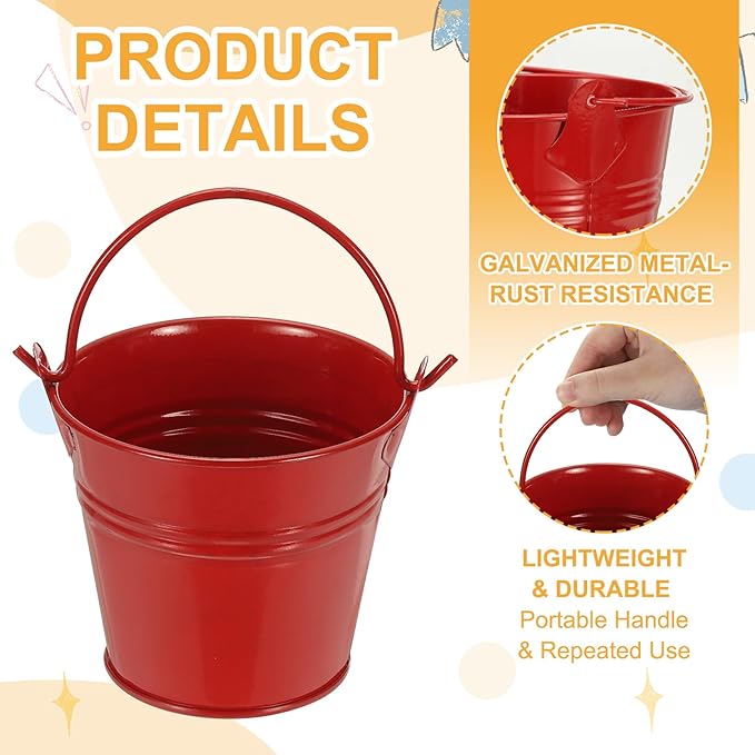 Small Metal Buckets, Mini Buckets with Handle Galvanized Colored Tin Pail Containers Basket Party Supplies - Fit for (Halloween - Classroom Crafts) 2.7" & 10Pcs & Red