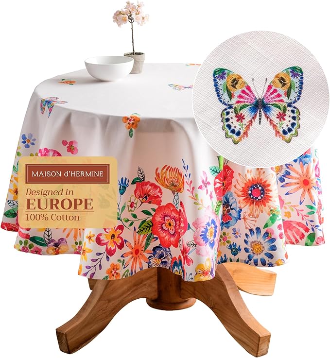 Maison d' Hermine Table Cloth Round Table 100% Cotton 63 Inches Tablecloth Reusable Decorative for Dining Room, Farmhouse, Home, Party, Festive & Wedding Spring Summer - Happy Florals - High Summer
