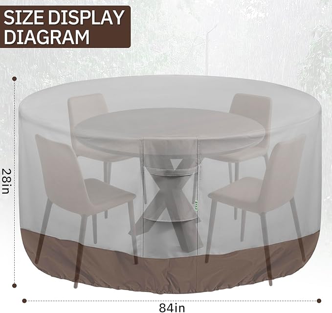Round Patio Furniture Covers, 84" DIA x 28 H Waterproof Outdoor Furniture Cover for Patio Table & Chair Sets, 600D Heavy-duty UV-Resistant Fade-Proof Protection, Grey & Brown