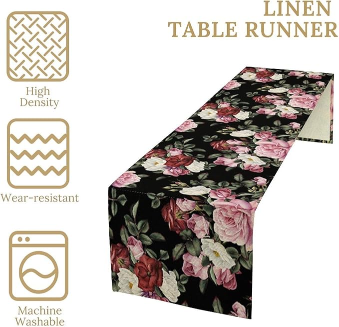 Gothic Floral Table Runner,Vintage Pink Red Rose Flower Print Table Runner for Kitchen Dining Table Indoor Outdoor Home Party Decor,Black 13x90in